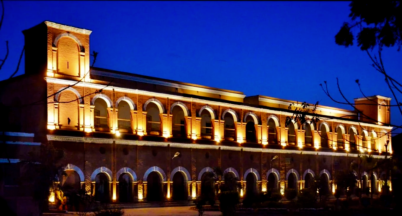 Technical High School building illuminated at night